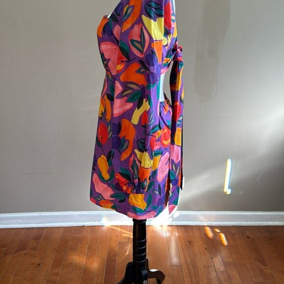 FARM Rio Long-Sleeve Poplin Colorful Open Back Puff Sleeve Mini Dress Size M NWT - Picture 10 of 14